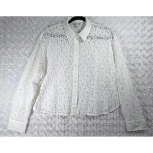 Old Navy Womens Size L White Floral Lace Cropped Button Down Long Sleeve Top